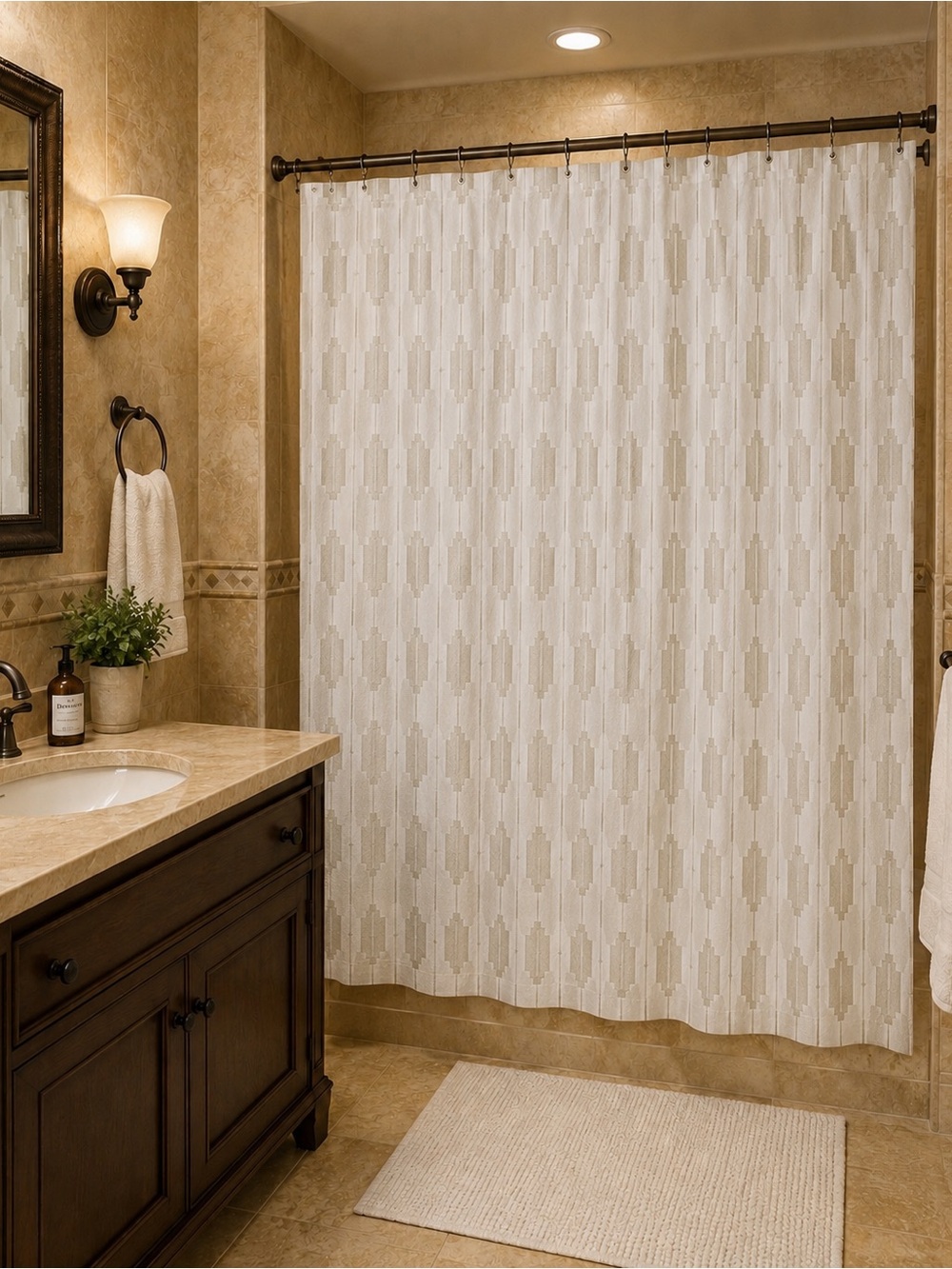 Neutral White and Tan/silver Beige Patterned Shower Curtain - Bath- nice quality